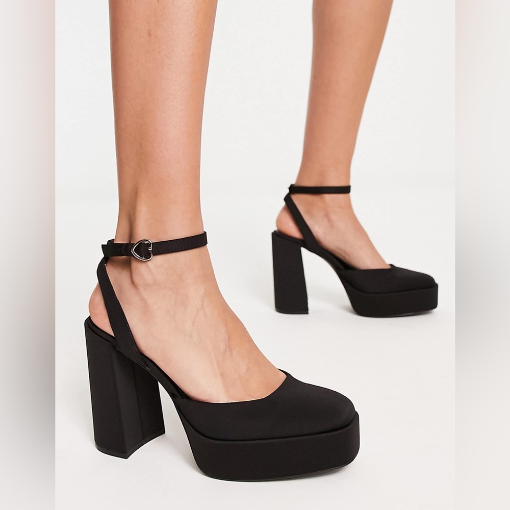 Stradivarius satin heeled platform shoe black Heart Buckle Ankle Strap sz 38